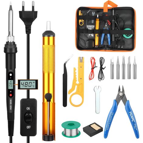 Fer a Souder, 17 en 1 Fer à Souder 60W Température Réglable 180-520°C, Fer a Souder Electronique de Precision 5 Conseils de Soudage, Pompe à Dessouder, Support De Fer à Souder (1/5)