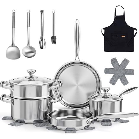 Ensemble de casseroles en acier inoxydable 16 pièces, ensemble de casseroles à induction Ensemble d'ustensiles de cuisine compatibles avec toutes les cuisinières (1/5)