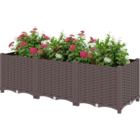 Jardinière surélevée, lit de jardin en plastique auto-irrigantes avec trous de drainage et bouchons, 120x40x37cm, marron