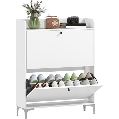 Armoire à chaussures mobile slim avec 2 tiroirs rabattables et étagères réglables en bois et métal, 80x24x101 cm, blanc (1/5)