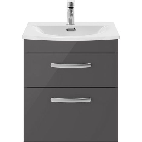 Millwich Contemporary 2 Drawer Wall Hung Vanity Unit with Curved Basin, Gloss Grey, 500mm (1/4)