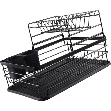 Étagère de rangement noire double couche pour cuisine, support à vaisselle et bols, style japonais, avec égouttoir, robuste et pratique. (1/3)