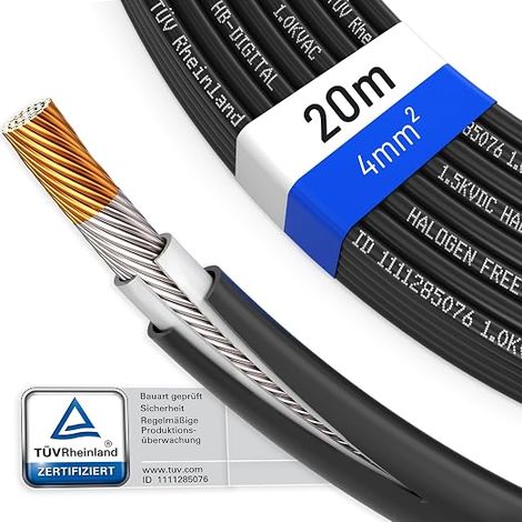 20 m Câble solaire 4 mm2 Photovoltaïque H1Z2Z2-K Flexible Copper Pure 1500 V Câble d'installation pour panneau solaire Alimentation en eau sûre Noir (1/5)