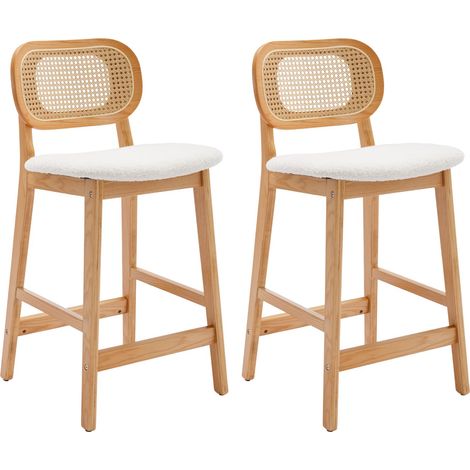Wahson Lot de 2 tabourets de bar en bois massif avec coussins en fausse fourrure – Hauteur d'assise 65 cm – Style vintage pour cuisine et restaurant, Beige