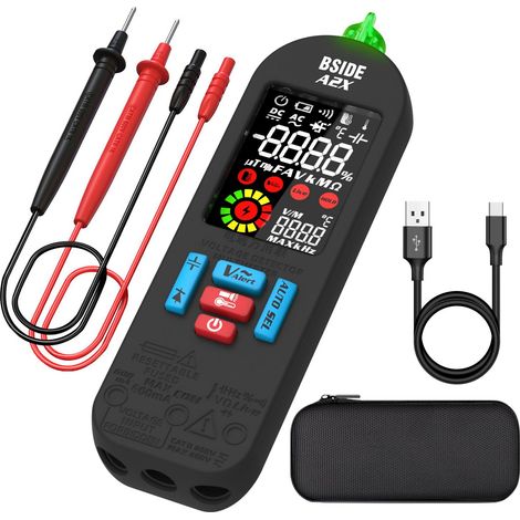 A2X Smart Digital Multimeter Wiederaufladbarer Mini-Elektriker-Tester mit Farb-LCD-VFC-Kapazitäts-Amperemeter, berührungsloser Spannungsdetektor