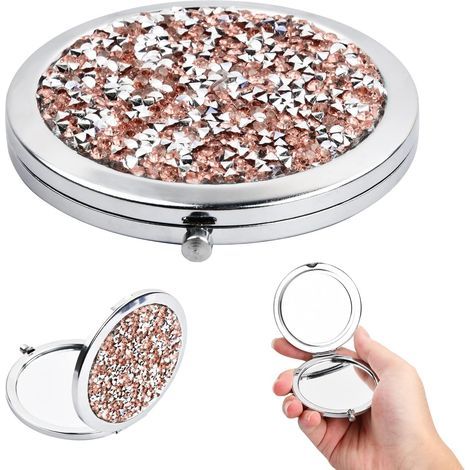 Pocket Makeup Mirror, Pocket Mirror with 1x/2x Magnification, Round Foldable & Portable Mirror, 7cm Pocket Mirror Ideal for Women Girls, Travel, Work, School, Home, Pink Diamond (1/5)