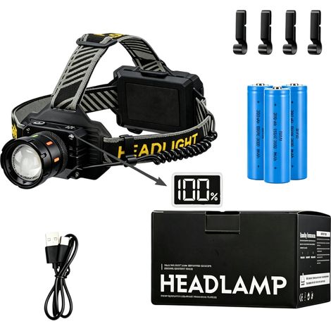 Lampe frontale LED rechargeable USB-C 10000 lumens – 4 modes d'éclairage – Angle réglable 90° – Étanchéité IP65 pour camping et randonnée - 10000mAh (1/5)