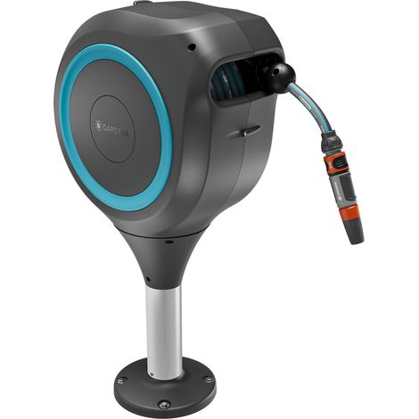 GARDENA Portamangueras automático de suelo para terraza M con 20 m de manguera, azul, enrollador de manguera gira 360º, protegido anti heladas y rayos UV, con tecnología Rollcontrol (18615-20)