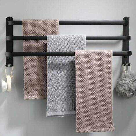 Porte Serviette Murale Salle de Bain, Porte Serviette sur Pied Accessoire, sans Percages Noir (1/4)