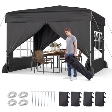 COSTWAY Gazebo da Esterno 3 x 3 m, Tendone da Giardino Pieghevole in Tessuto Oxford con Parete Rimovibili, Finestre Trasparenti, Porta e Borsa da Trasporto, per Cortile e Festa Campeggio (Nero) (1/5)