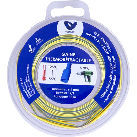 Gaine thermorétractable 3m - Ø6,4/3,4mm - Vert/Jaune - Voltman
