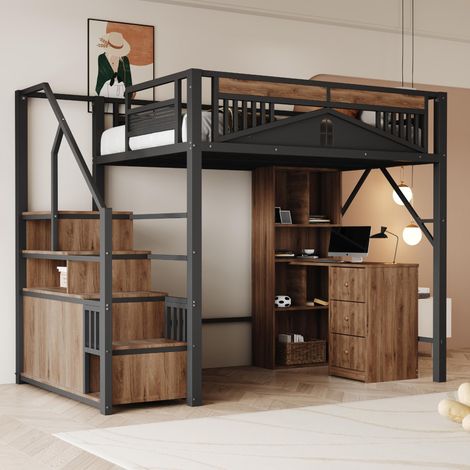 Lit mezzanine en métal 140x200cm, cabine de sécurité unique avec fenêtre, échelle de sécurité avec casier, noir=, garantie 2 ans
