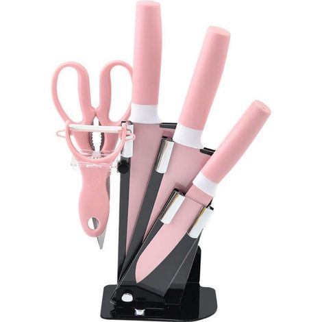 Ensemble de couteaux de cuisine en acier inoxydable, comprenant un bloc à couteaux et des ciseaux, idéal pour la préparation des repas à la maison - rose