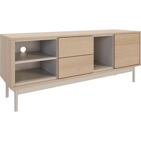 Selsey Layen – TV-Lowboard mit zwei Schubladen und drei offenen Fächern, Eichenholzoptik / Kaschmirgrau
