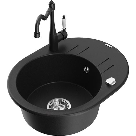 Mexen Kevin 1 Becken-Granitspüle mit Abtropffläche und Mischbatterie Carla, Schwarz - 6517-77-670700-70 (1/5)