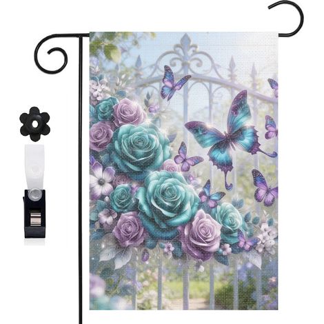 Drapeau de jardin papillons multicolores et fleurs violettes 30 x 45 cm décoration porche et entrée (1/5)