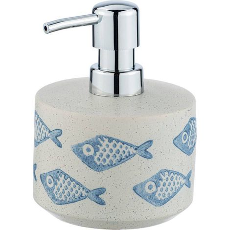 WENKO Distributeur Savon Liquide Aquamarin, Capacité 475 ml, céramique matte peinte à la main, Ø 10 x 13,2 cm, beige - bleu (1/4)