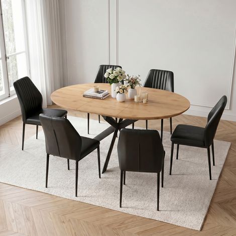 Ensemble de table à manger ronde extensible, plateau rond en MDF finition chêne (110-150 cm), style moderne et contemporain pour la salle à manger et la cuisine (6 chaises, PU, noir)