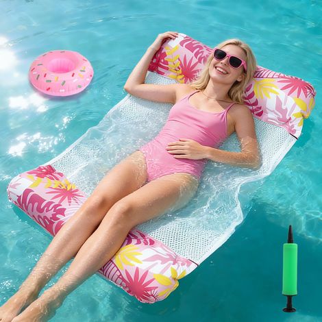 Bouee Piscine Adulte Gonflable: 4 in 1 Hamac Piscine, Hamac Flottant de Plage Pliable, Bouees et Matelas Gonflables avec Pompe a Air et Porte-Boissons Gonflables pour Activites Nautiques (Rose) (1/5)