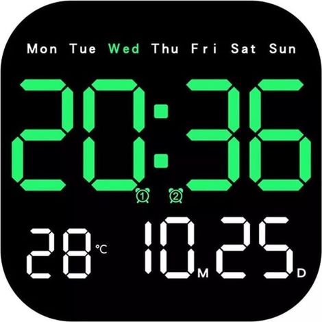 Grande Horloge Murale LED Numérique avec Télécommande, Température, Date, Semaine (Vert) (1/4)