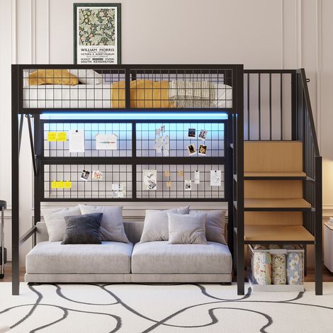 Lit mezzanine en métal, 90 x 200 cm, idéal pour enfants et adolescents. Ce lit mezzanine polyvalent est équipé de bandes lumineuses LED contrôlables par application, d'un escalier avec rangements et d (1/5)