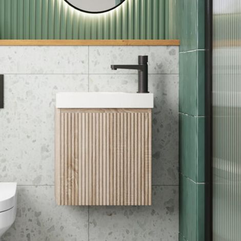 Orbit Linea Cloakroom 1-Drawer Wall Hung Vanity Unit with Basin 400mm Wide - Sonoma Oak