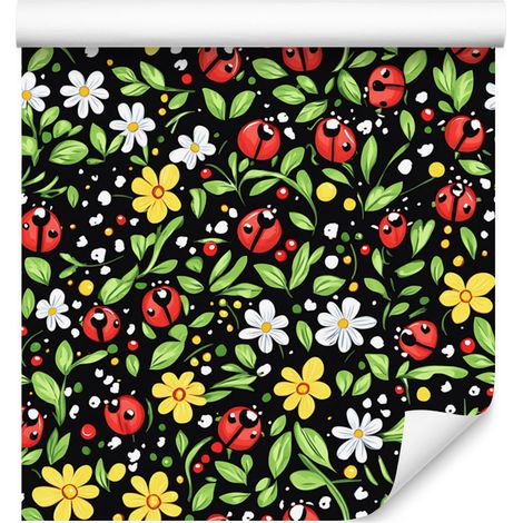 Marienkäfer-Tapete in Olivgrün und Gelb für Wohn- und Schlafzimmer, 50 x 1000 cm (1/5)