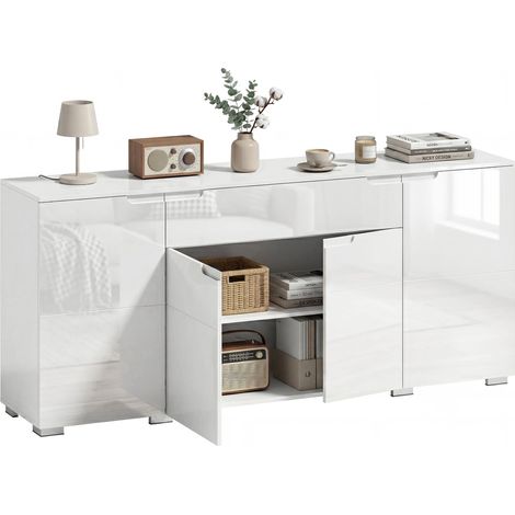 Buffet laqué brillant, commode moderne à 4 portes et étagères réglables, fermeture amortie, blanc (1/5)