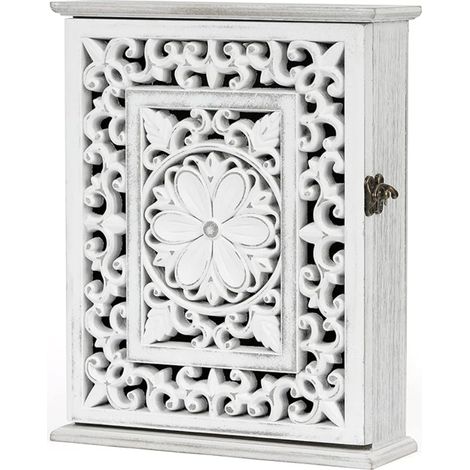 Boîte à clés Bois Compartiments Armoire à clés 6 Crochets Porte-clés Blanc Porte-clés entrée Couloir Bureau Taille Moyenne 27 x 21 x 7 cm (1/5)
