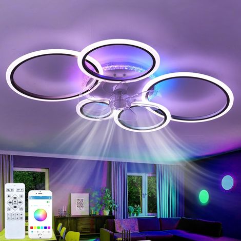RGB Ceiling Fan with LED Light, Dimmable Silent Bedroom Ceiling Fan with Remote Control 6 Speeds Timing Chandelier Living Room Fan Φ 95 cm, Black (1/5)