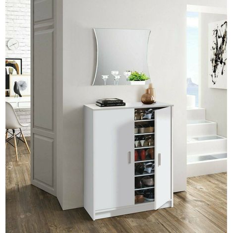 Dmora – Meuble à chaussures bas moderne 75x36x101 cm – 2 portes – 6 étagères modulables – Blanc – Structure en bois lamellé durable - 75x36h101 (1/6)