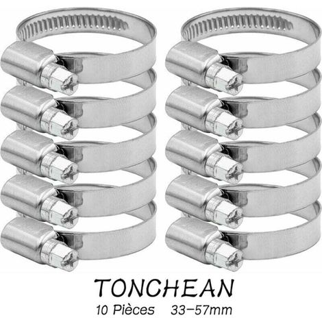 Collier de Serrage Tuyau Réglable 33-57mm Acier Inoxydable 304 pour Eau Gaz Automobile Robinet 10 Pièces