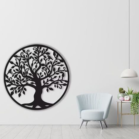 Décoration murale en métal « Arbre de Vie » avec cadre, style industriel noir, grande taille, peinture originale moderne, idéale pour le salon (35 x 35 cm). (1/4)