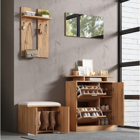 Mobile da ingresso 140x35x133 cm in legno naturale con contenitore - FLORAGRACE (1/5)