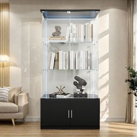 Glasvitrine - Vitrinenschrank mit 4 Türen und LED - Wohnzimmervitrine - Buffet mit 3 Regalen - 78.5x35x164 cm - Schwarz (1/5)
