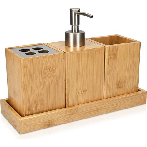 Bathroom Accessory Set - 4 Bamboo Bathroom Accessories - Toothbrush Holder - Soap Dispenser - Tumbler - Stand (1/5)