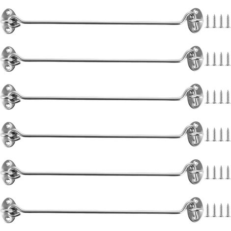Lot de 6 Crochet de Cabine 30 cm en Acier Inoxydable - Crochet de Tempête 12 Pouces avec Œillet - Verrou de Sécurité pour Porte de Grange, Fenêtre, Portail de Jardin et Clôture - Argent (1/5)