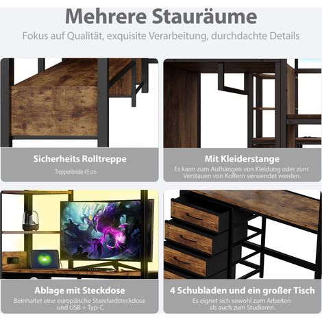 Lit superposé métallique 140x200 cm avec bureau intégré, étagères de rangement, penderie, éclairage LED et prise électrique, meuble multifonction idéal pour bureau, studio et petite chambre (1/5)