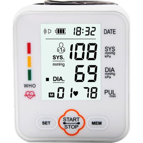 Elektronisches Blutdruckmessgerät für das Handgelenk zur Anwendung zu Hause mit LCD-Bildschirm und Herzfrequenzerkennung