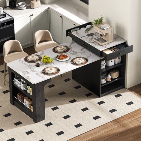 Table de cuisine mobile, table extensible à plateau démontable, comptoir bar équipé de prises électriques, îlot de cuisine, buffet, desserte ou bar pour salon et salle à manger (Noir)