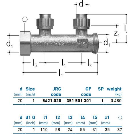 JRG Sanipex Distributore a 2 partenze bronzo d. 20 mm 1" 351501301
