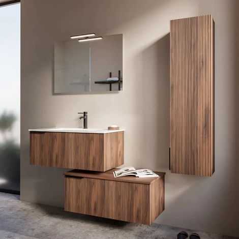 Meuble de salle de bain suspendu modulaire cannelé 90 cm chêne foncé deux tiroirs avec lavabo Fuji (1/3)