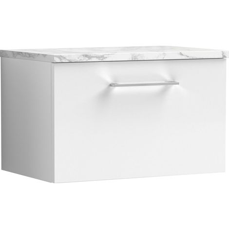 Nuie Arno Wall Hung 1-Drawer Vanity Unit with Carrera Marble Worktop 600mm Wide - Gloss White (1/4)