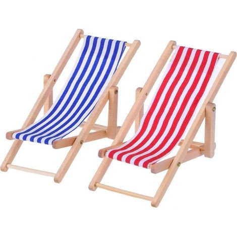 Mini Beach Chair - Wooden Folding Lounge Chair - 1:12 Scale Dollhouse Accessory - Blue and White Striped Fabric Seat - 11 x 6.6 cm - 2 Pack (1/5)
