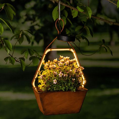Solar Blumenampel in Rost Optik warm weiß beleuchtet - HEXAGON - Deko Hängeleuchte zum Bepflanzen