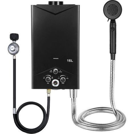 Propan Gas-Wassererwärmer, débit 16 litres/minute chauffe-eau instantané à gaz noir, puissance 20 kW, pression 25 mbar