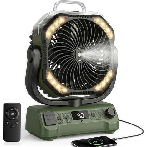 Ventilateur Brumisateur de Camping 20000mAh, Ventilateur Portable Rechargeable avec Télécommande, Double Moteur, Crochet 360°, Vitesse Variable pour Extérieur Pêche Camping-car Plage, Green (1/5)