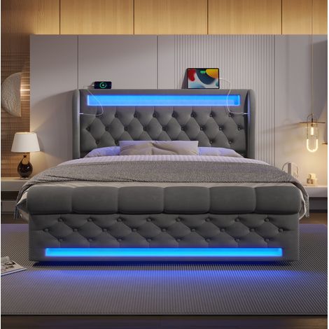 Lit coffre 160x200 avec LED et USB en velours gris HAVRYA (1/5)