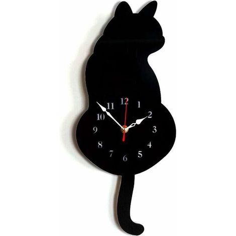 royaluxe - Horloge Murale Acrylique Moderne Mignon Horloge Chat Secouant Queue Décoration Maison Mouvement Silence (Noir), (1/5)