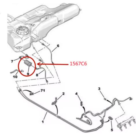 Le filtre à carburant 1567C6 est compatible avec les véhicules Peugeot Citroën. Il est doté d'un boîtier en plastique et d'un filtre en papier intégré permettant de retenir les impuretés de l'essence. (1/4)